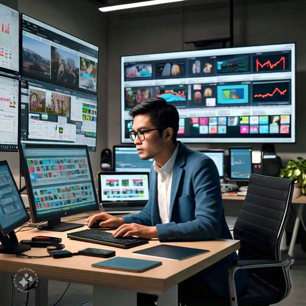 An image of a media buyer working at a modern desk with a large TV screen