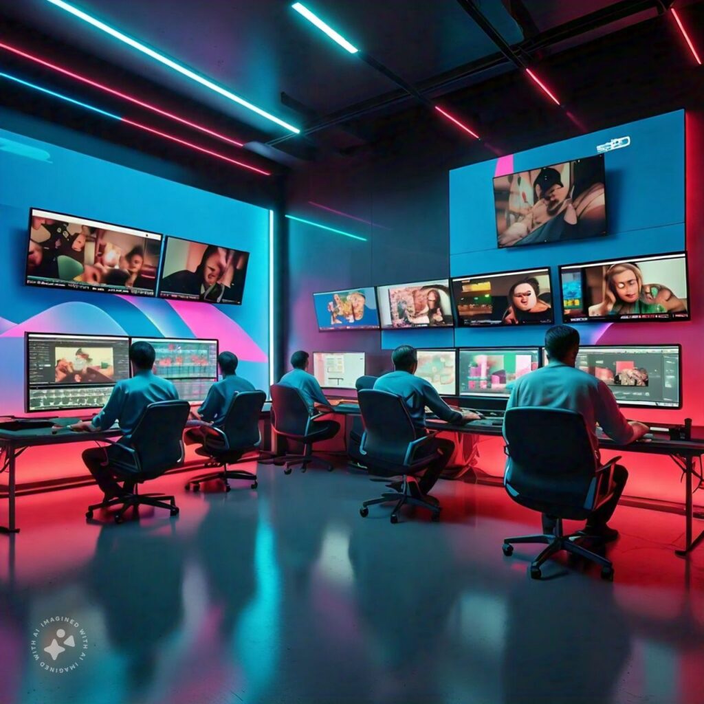 A high-tech video production studio with a team working on editing video content on modern computers